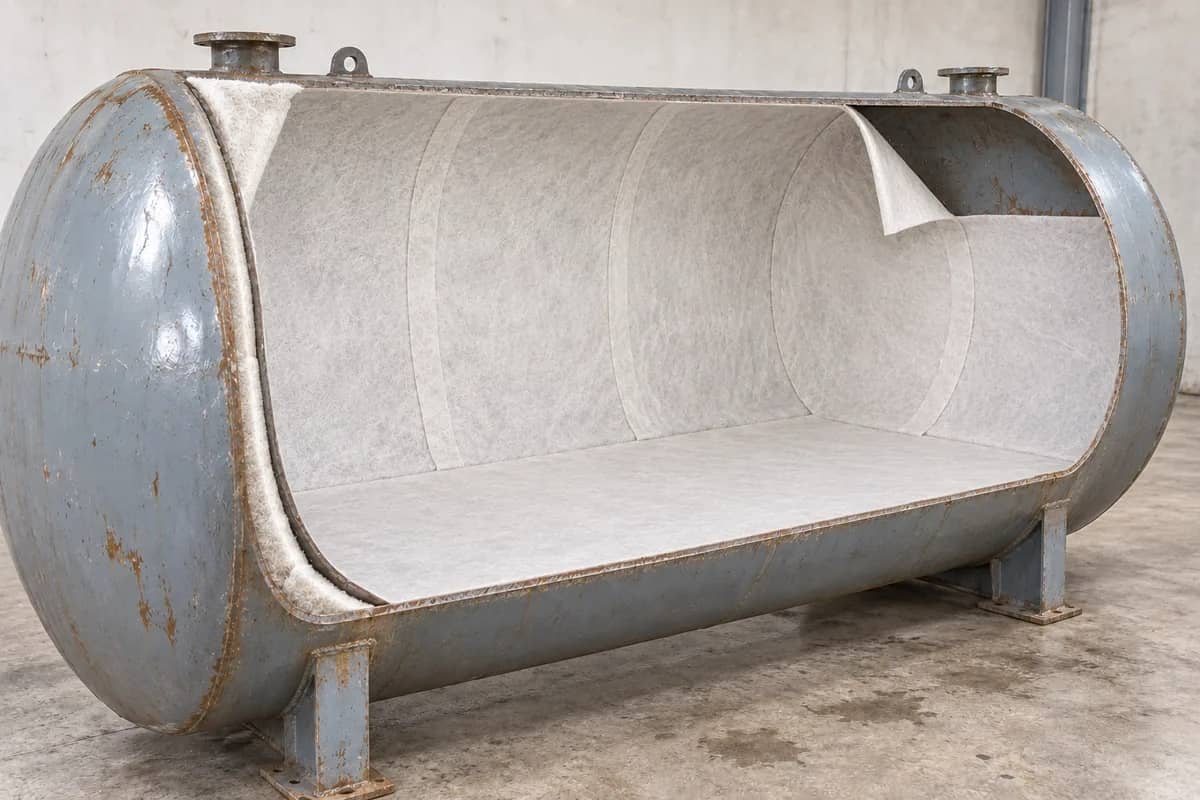 KI-Prinzipdarstellung: aufgeschnittener Tank mit weißem Schutzvlies, noch ohne Brauchwasserhülle.