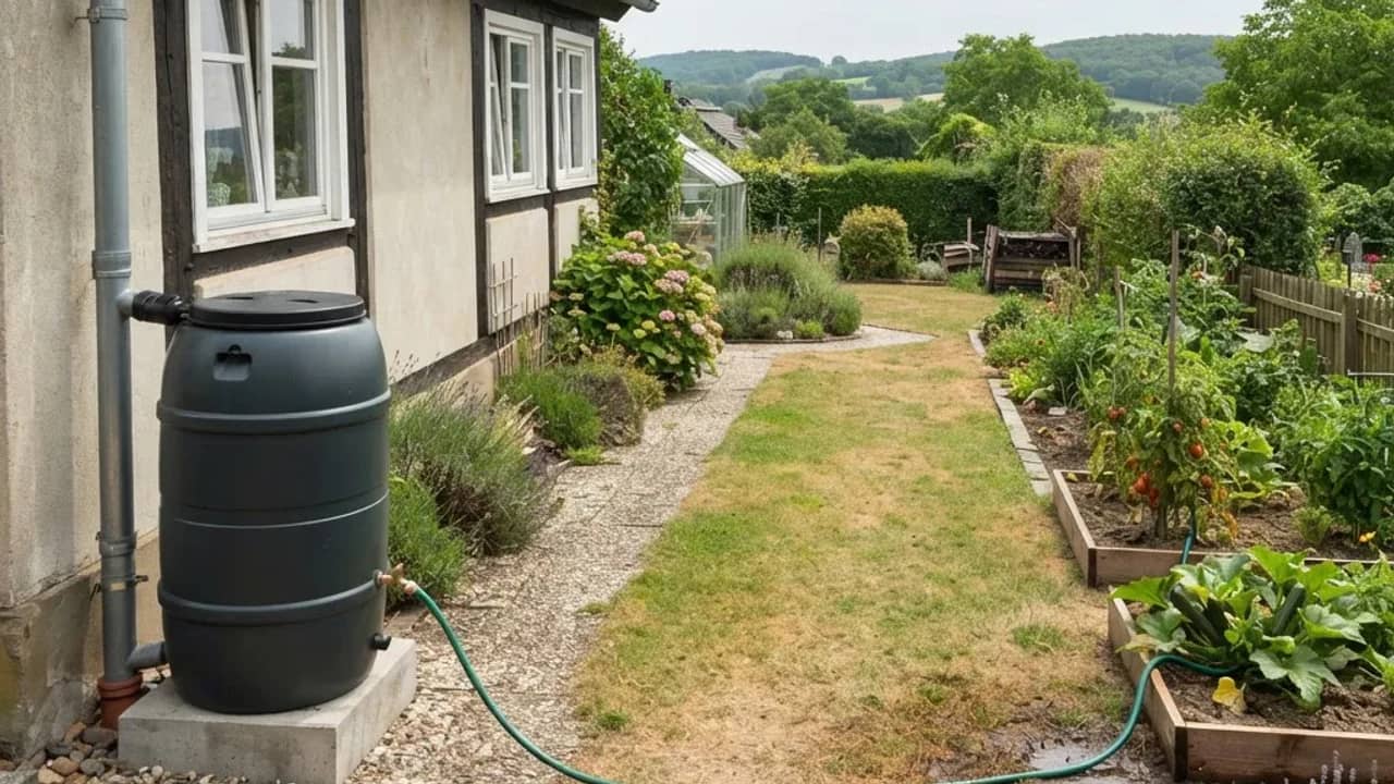 KI-generierte Darstellung: Eine Regentonne am Fallrohr ist über einen Gartenschlauch mit Gemüsebeeten in einem trockenen Sommergarten verbunden.