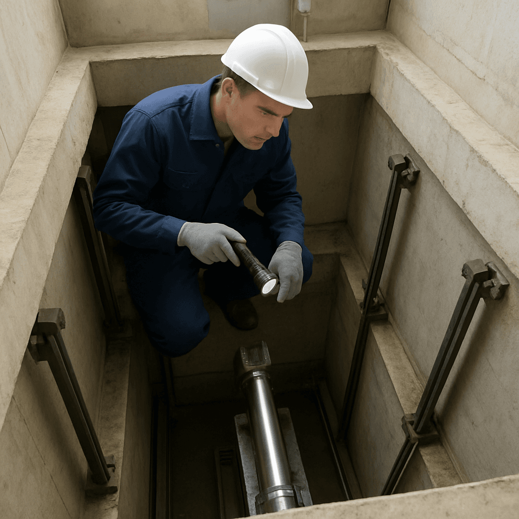 Blick in die Schachtgrube eines hydraulischen Aufzugs mit Hydraulikzylinder und Führungsschienen, ein Fachmann inspiziert den Schacht