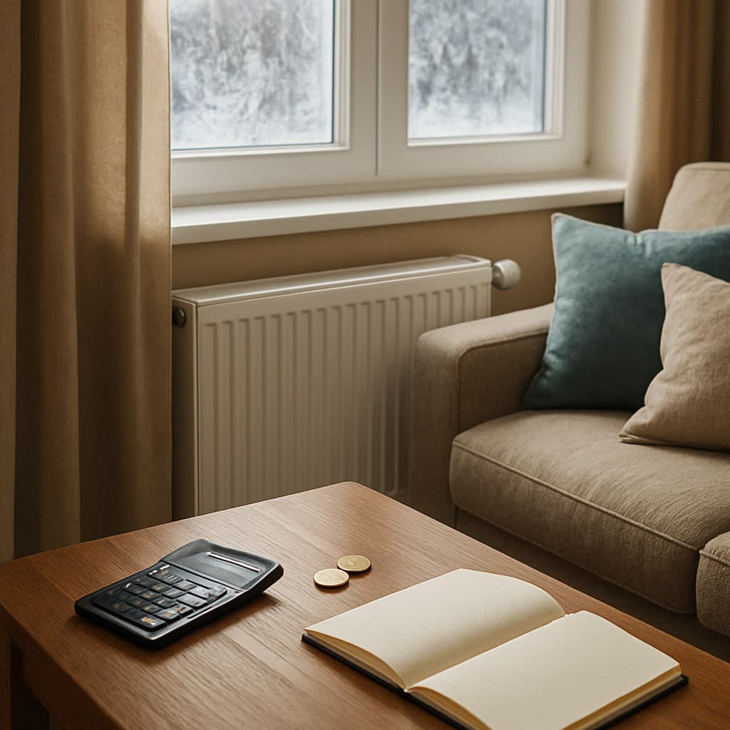 Modernes Heizkörper-Thermostat unter einem winterlichen Fenster, daneben Taschenrechner und Münzen als Sinnbild für Heizkosten
