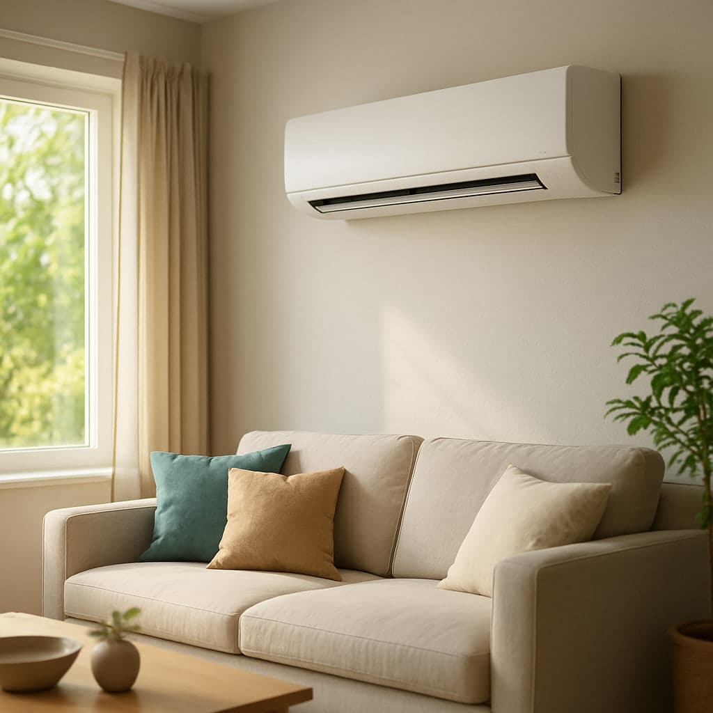 Modernes Klimagerät an der Wand eines hellen Wohnzimmers im Sommer als Symbol für Kühlen und Heizen