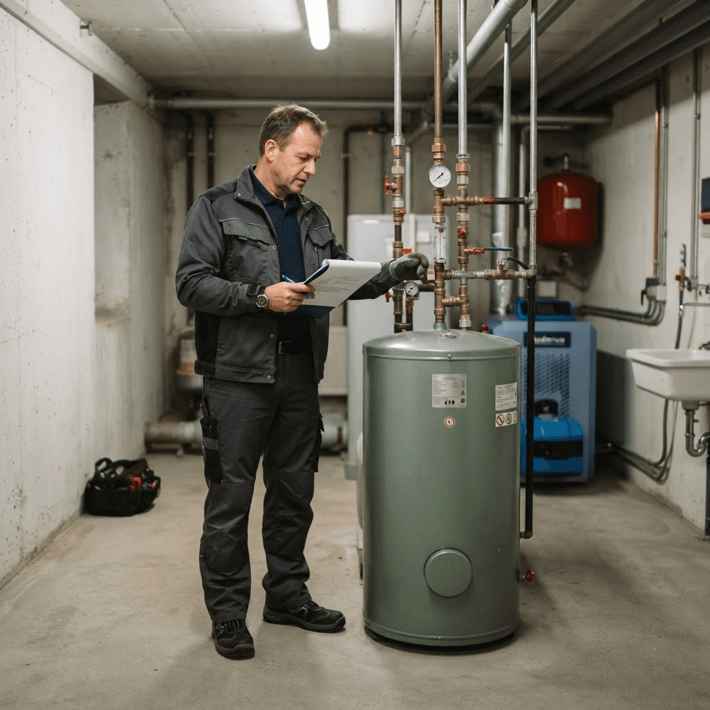 Fachhandwerker prüft mit Klemmbrett die Anlagentechnik an einem Heizöltank im Keller