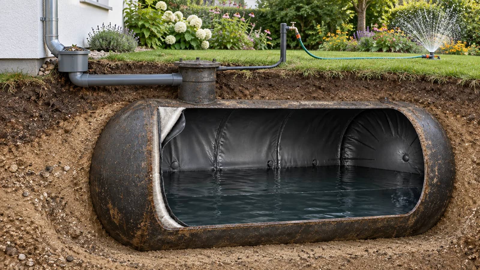 KI-Prinzipdarstellung: Ein unterirdischer Wasserspeicher mit Zugangsschacht versorgt die Bewässerung eines Gartens.