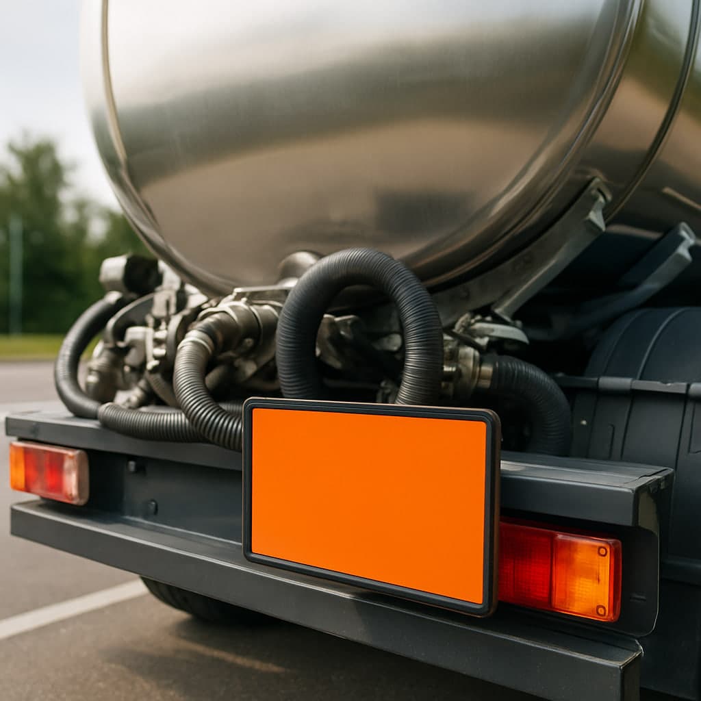 Heckansicht eines modernen Heizöl-Tankwagens mit oranger Gefahrgut-Warntafel und Edelstahltank