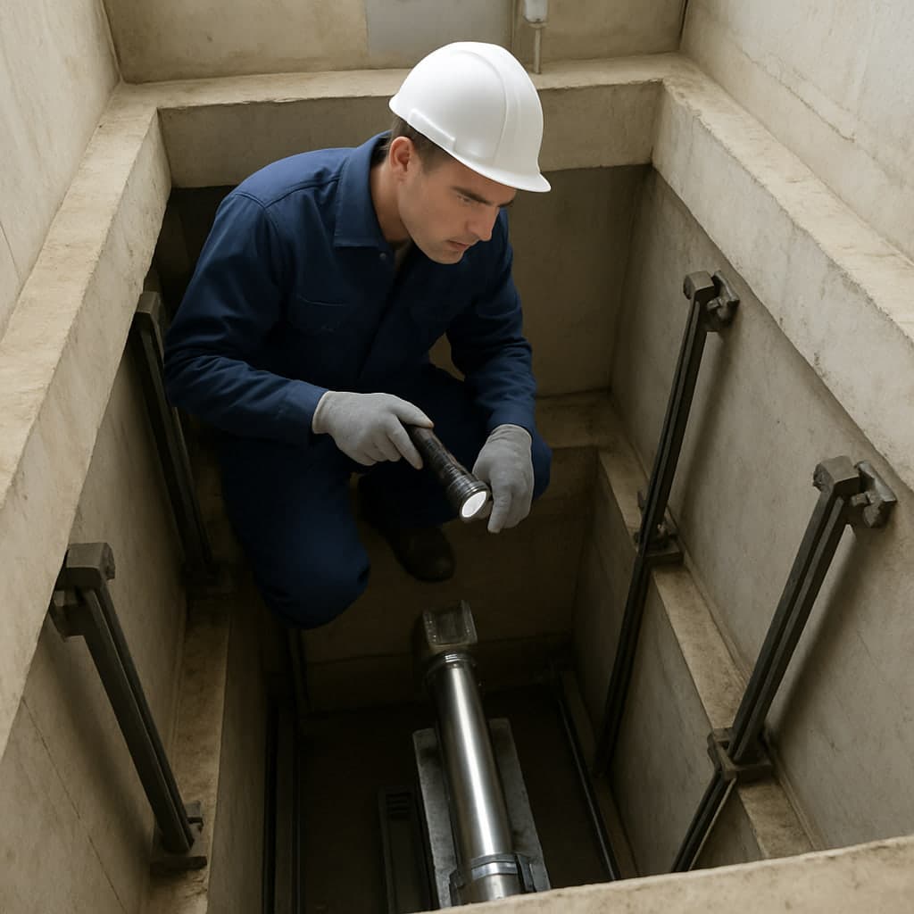 Blick in die Schachtgrube eines hydraulischen Aufzugs mit Hydraulikzylinder und Führungsschienen, ein Fachmann inspiziert den Schacht