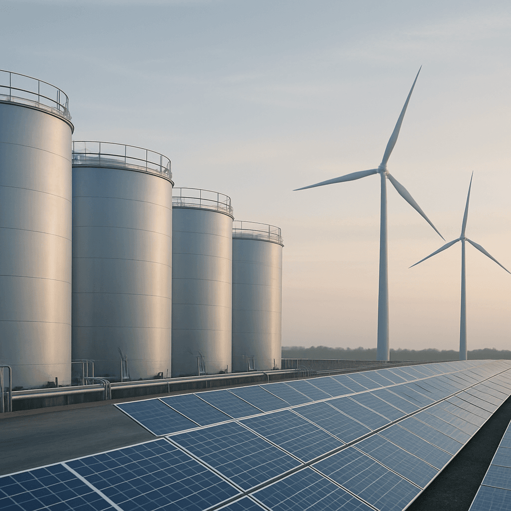 Flüssigkraftstoff-Lagertanks neben Windrädern und Solarmodulen als Sinnbild für synthetische eFuels aus erneuerbarer Energie