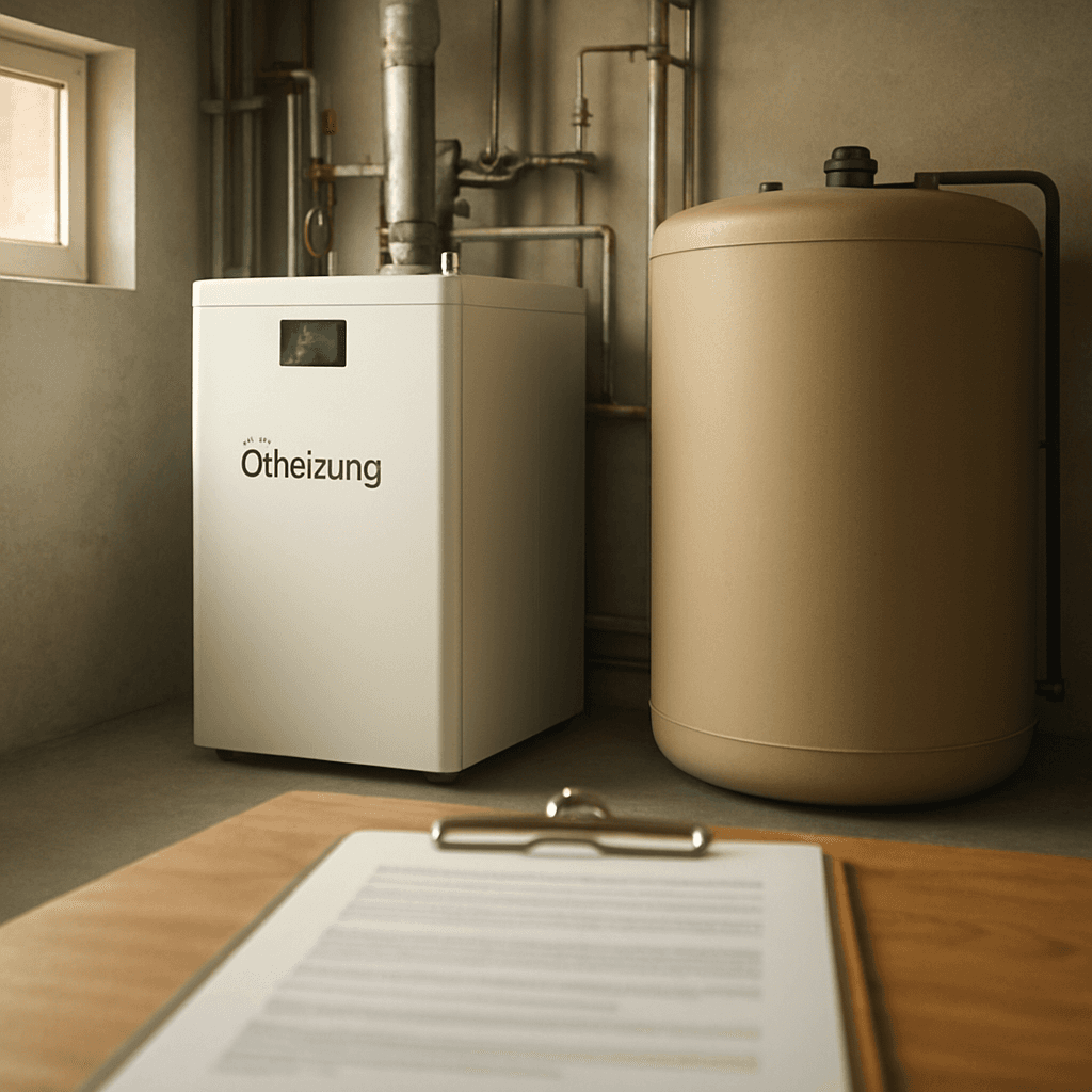 Moderne Ölheizung mit Öltank im Heizungskeller eines Wohnhauses, daneben Gesetzesunterlagen zum Gebäudemodernisierungsgesetz