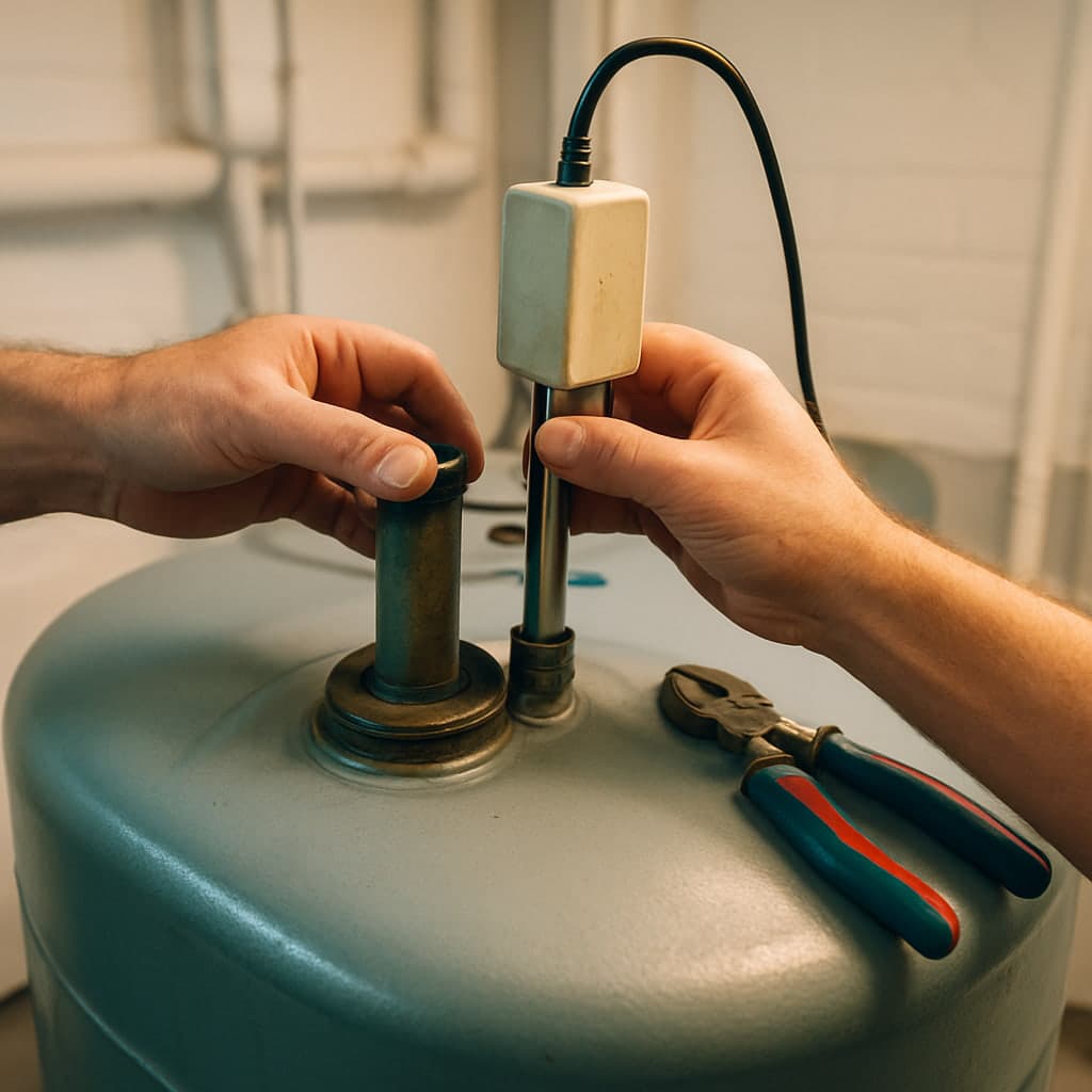 Techniker prüft die Armaturen und den Grenzwertgeber am Befüllstutzen eines Heizöltanks im Keller