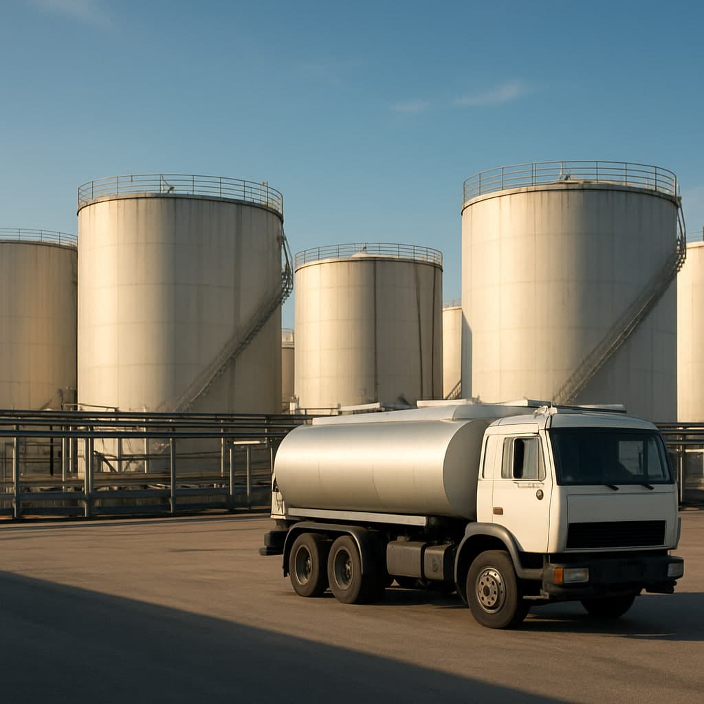 Großes Tanklager mit mehreren Öltanks unter blauem Himmel und ein Heizöl-Lieferfahrzeug als Sinnbild für gesicherte Energieversorgung