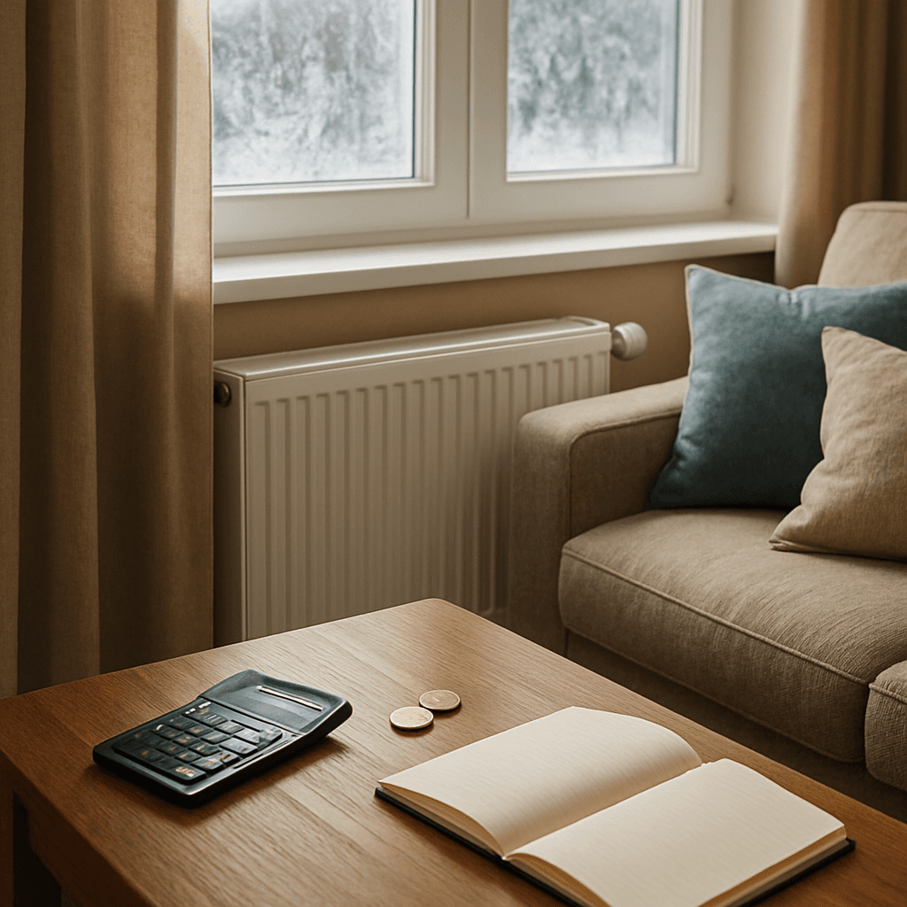 Modernes Heizkörper-Thermostat unter einem winterlichen Fenster, daneben Taschenrechner und Münzen als Sinnbild für Heizkosten