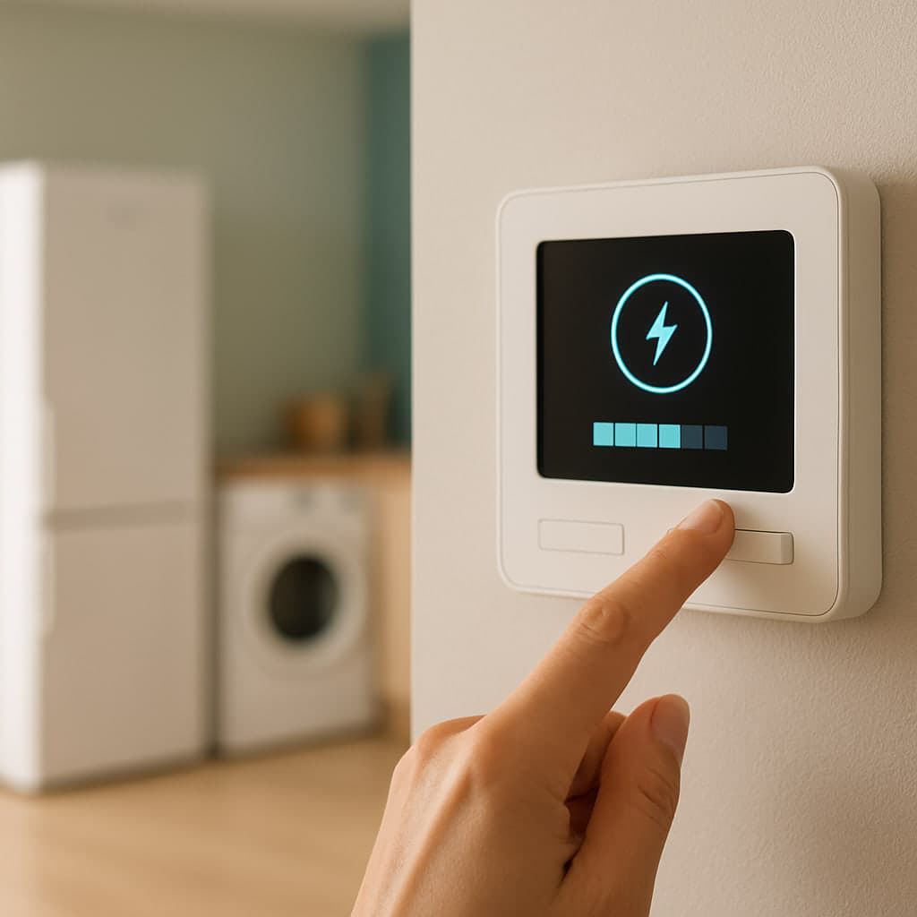 Hand an einem digitalen Stromzähler beziehungsweise Smart-Home-Energiedisplay in einem modernen Wohnhaus
