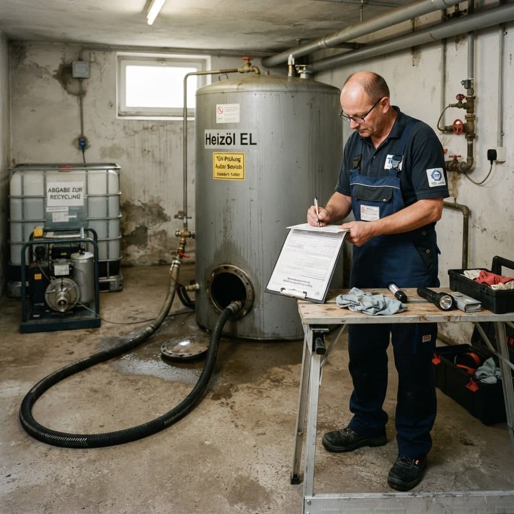 Fachhandwerker legt einen Heizöltank still und dokumentiert die Arbeiten auf einem Formular
