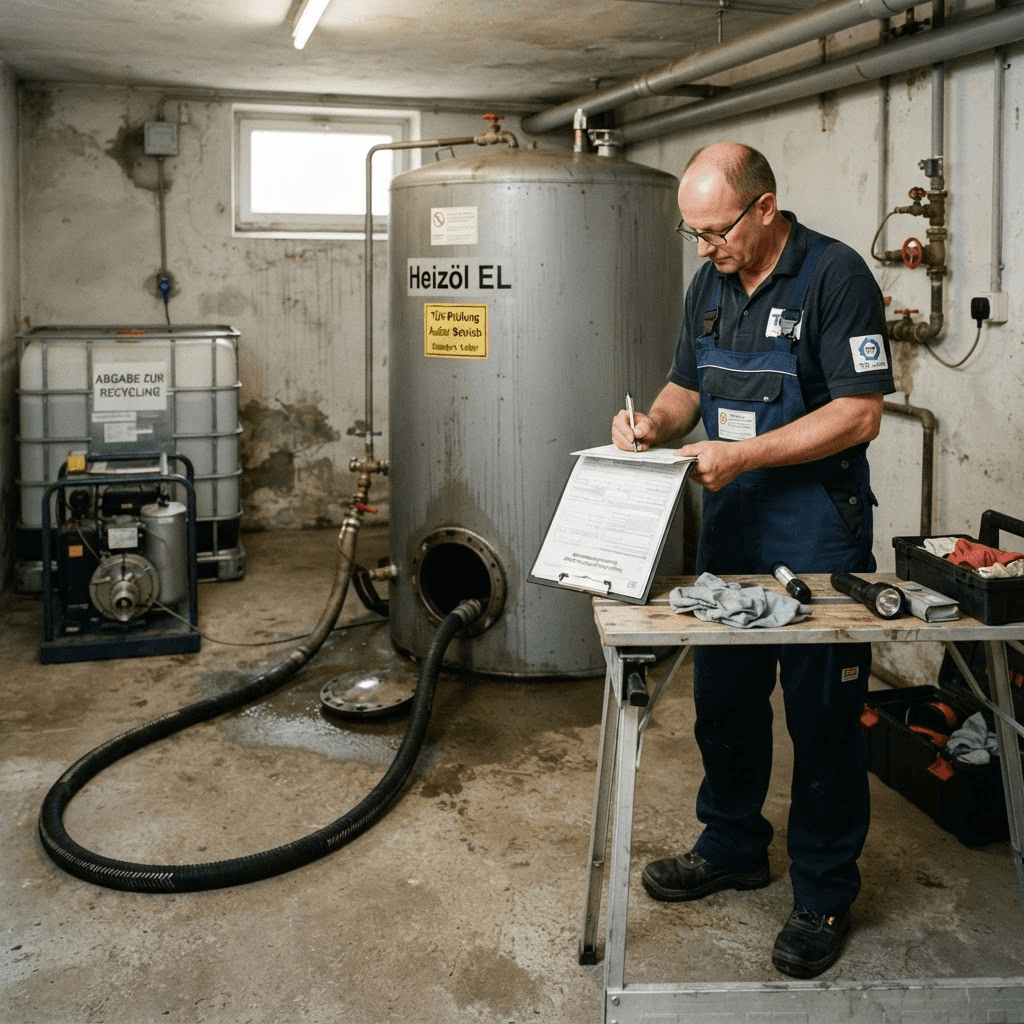 Fachhandwerker legt einen Heizöltank still und dokumentiert die Arbeiten auf einem Formular