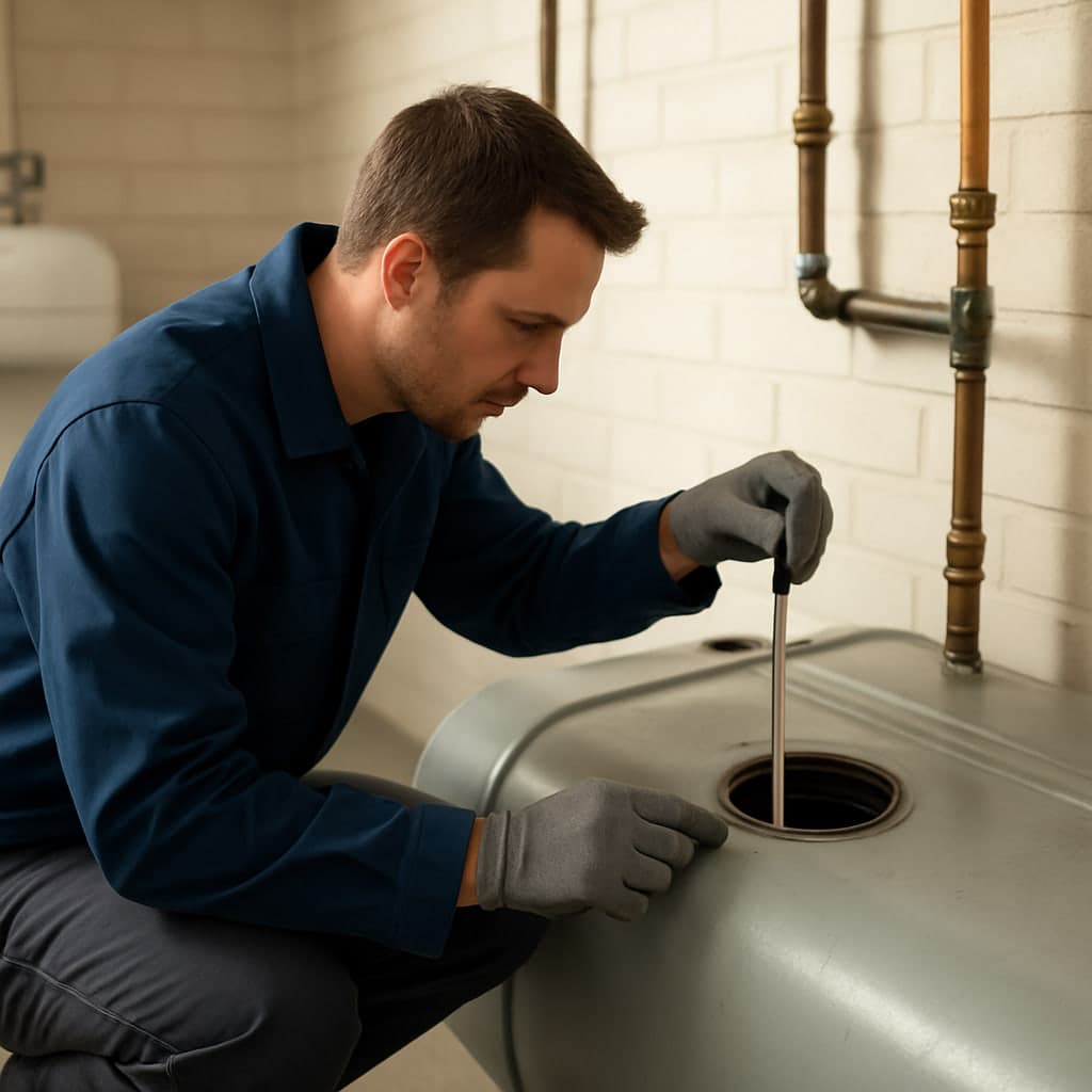 Techniker prüft mit einer Messeinrichtung den Boden eines Heizöltanks auf Wasser und Schlamm