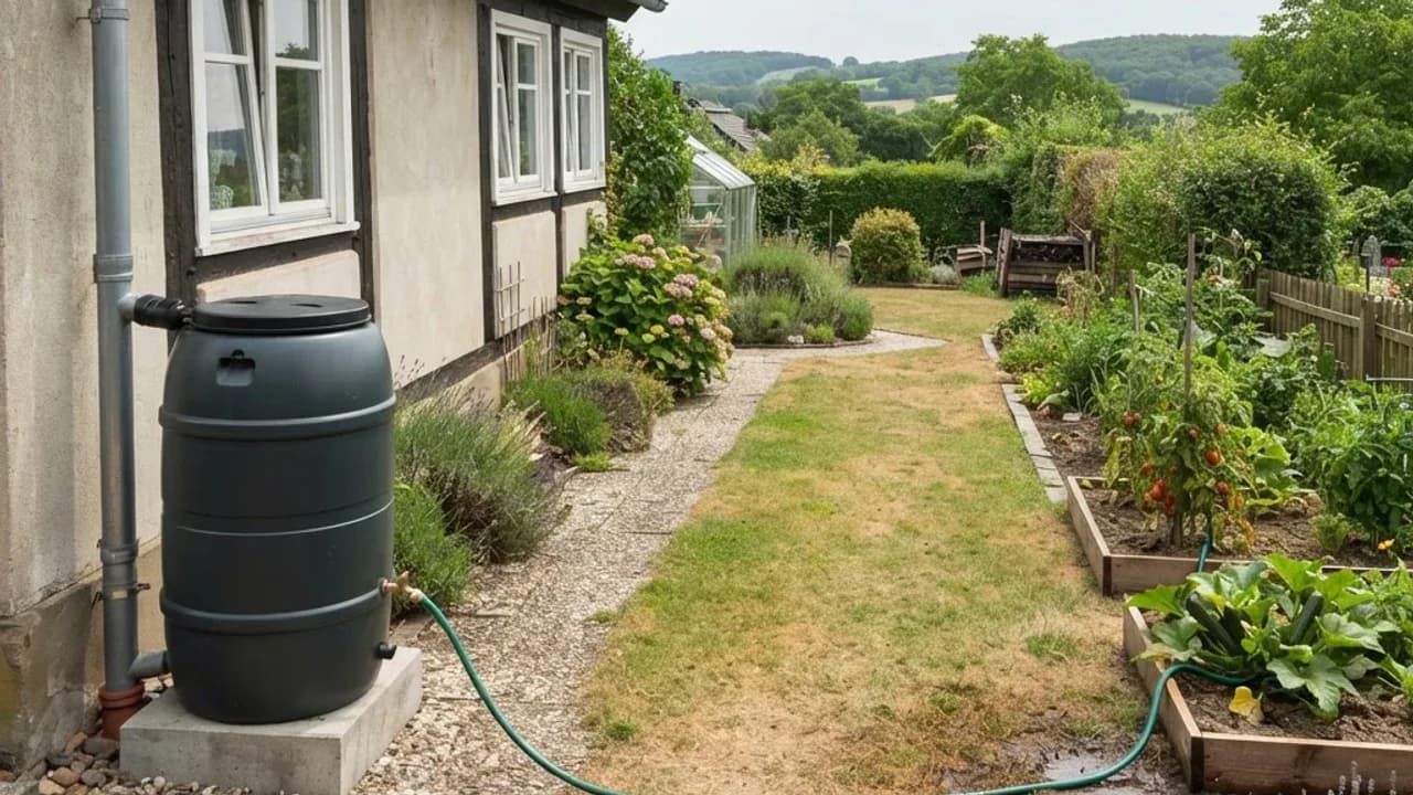 KI-generierte Darstellung: Eine Regentonne am Fallrohr ist über einen Gartenschlauch mit Gemüsebeeten in einem trockenen Sommergarten verbunden.