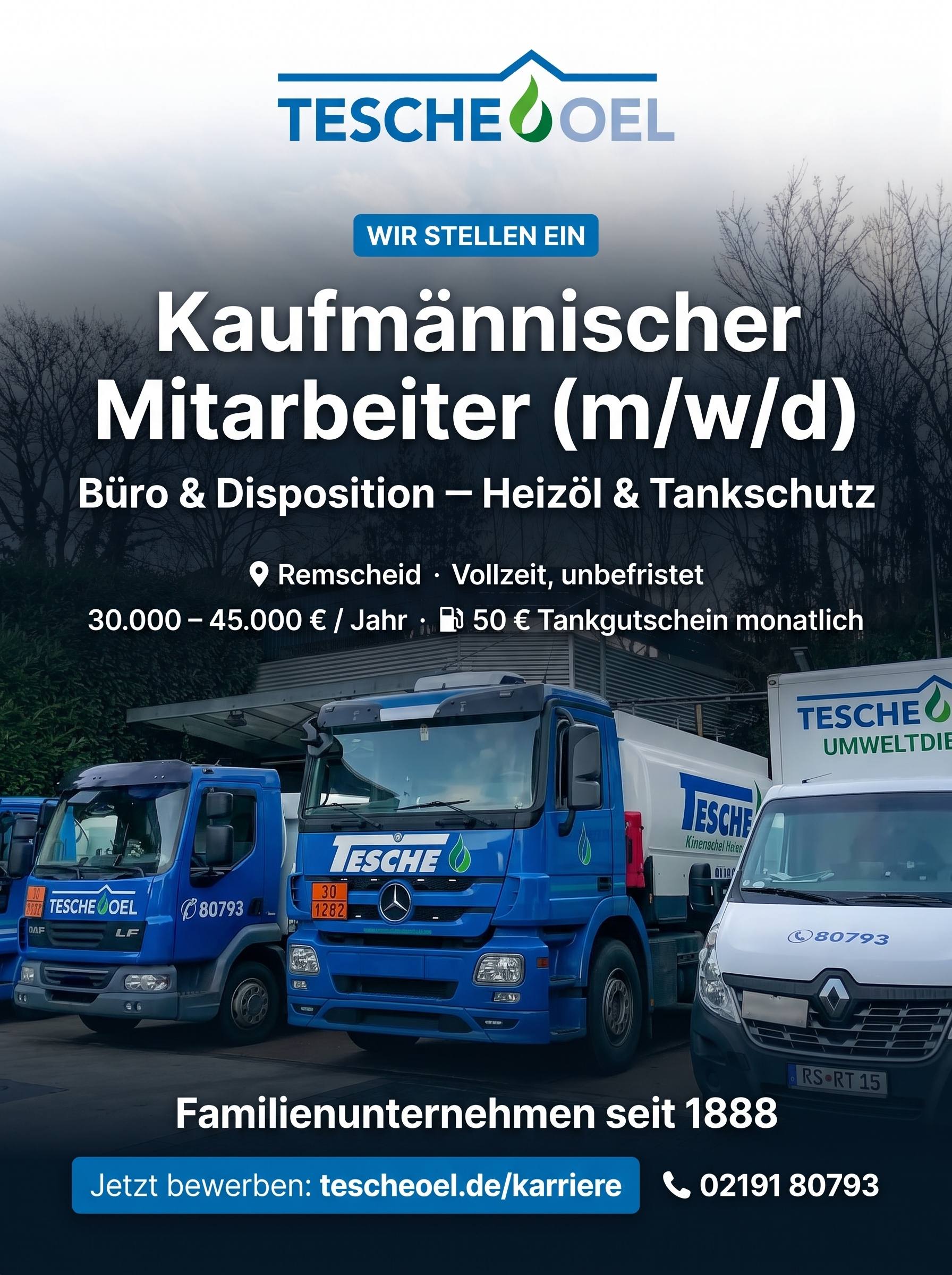 Stellenanzeige Tesche Öl: Kaufmännischer Mitarbeiter (m/w/d) Büro & Disposition in Remscheid, Vollzeit unbefristet, 30.000–45.000 € pro Jahr
